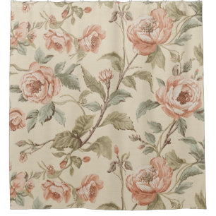 Blush Pink Sage Green Beige Shabby Chic Floral Shower Curtain