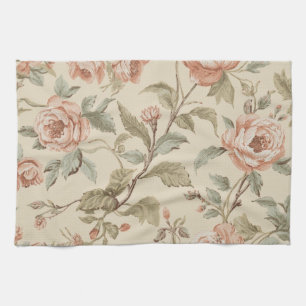 Blush Pink Sage Green Beige Shabby Chic Floral Tea Towel