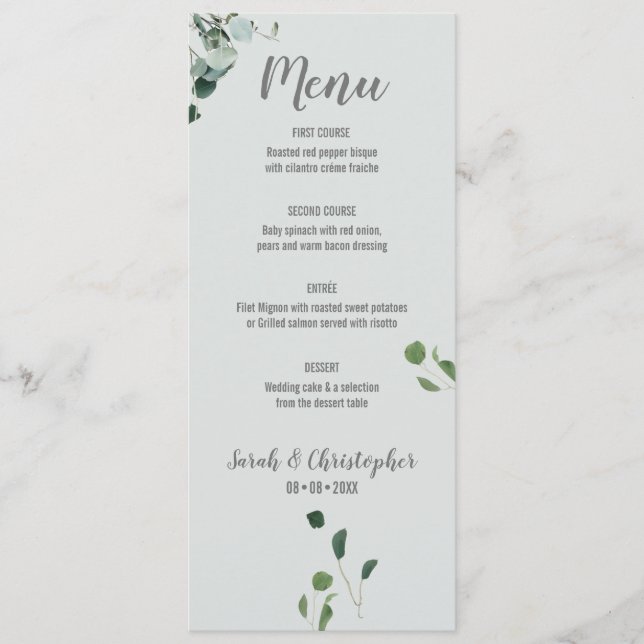Blush Pink Sage Green Eucalyptus leaves Menu (Front)