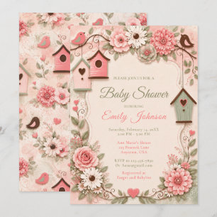 Blush Pink & Sage Green Floral Birds Baby Shower Invitation