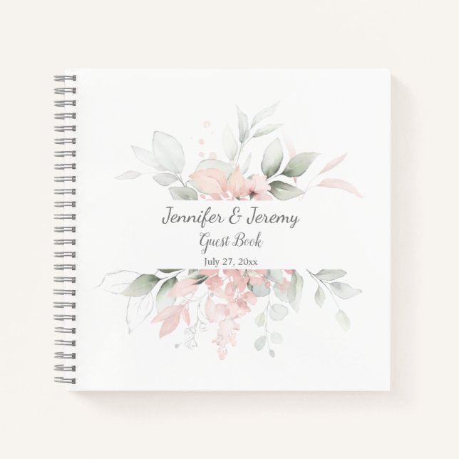Blush Pink Sage Green Watercolor Roses Guest Book (Front)
