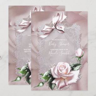 Blush Pink Satin Bow & Rose Lacy Baby Shower Invitation
