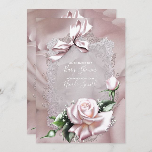 Blush Pink Satin Bow & Rose Lacy Baby Shower Invitation (Front/Back)