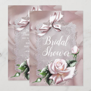 Blush Pink Satin Bow & Rose Romantic Bridal Shower Invitation