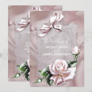 Blush Pink Satin Bow & Rose Romantic Wedding Invitation