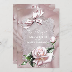 Blush Pink Satin Bow & Rose Romantic Wedding Invitation