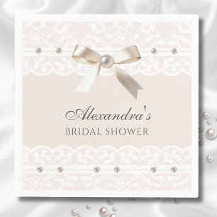 Blush Pink Satin Bow White Lace Bridal Shower Napkin