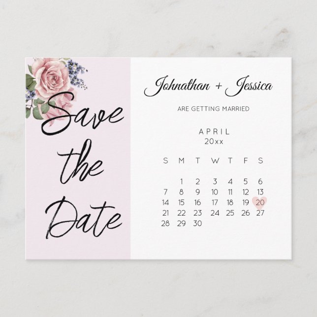 Blush Pink Save the Date Photo Calendar Postcard (Front)