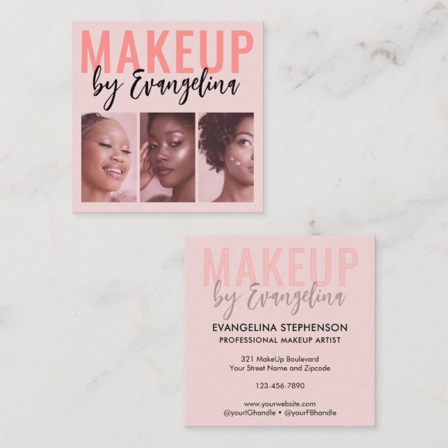 Blush Pink Script 3 Photo Makeup Square Business Card (Front/Back)