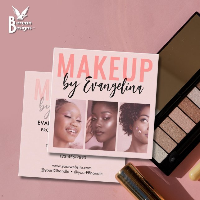 Blush Pink Script 3 Photo Makeup Square Business Card (Elevate your MUA branding: Stylish BLUSH PINK MAKEUP BUSINESS CARD square, with 3 photos)