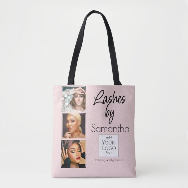 Blush Pink Script Logo 3 Photo Lash Tech Business Tote Bag (Front)