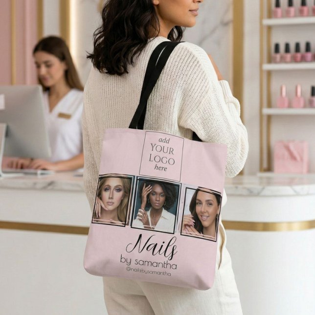 Blush Pink Script Logo 3 Photo Nail Salon Tote Bag (Creator Uploaded)