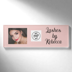 Blush Pink Script Logo Photo Eye Lashes Name Tag
