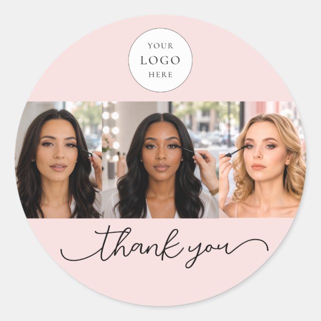 Blush Pink Script Logo Photo Lash Makeup Thank You Classic Round Sticker (Front)