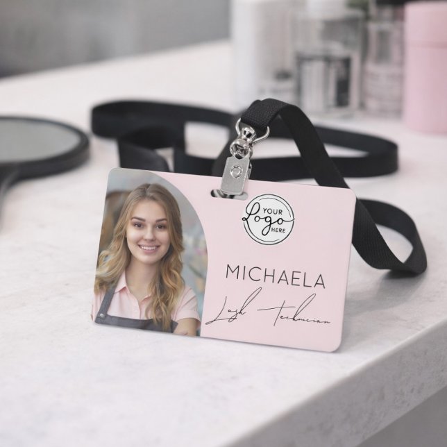 Blush Pink Script Logo Photo Lash Technician ID Badge (Creator Uploaded)
