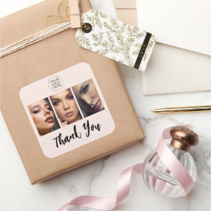 Blush Pink Script Logo Photo Lashes Thank You Square Sticker