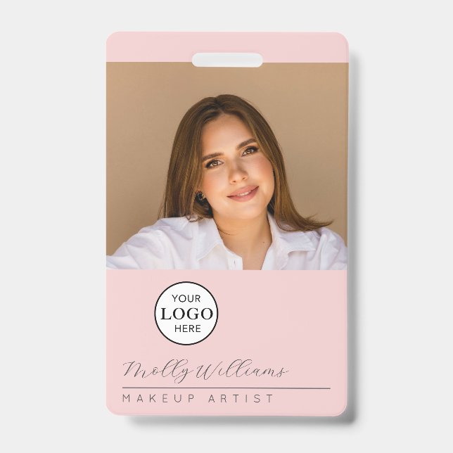 Blush Pink Script Logo Photo Makeup Badge ID Badge (Front)