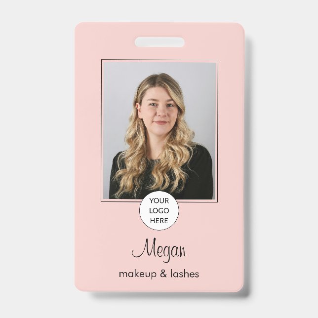 Blush Pink Script Logo Photo Makeup Badge ID Badge (Front)