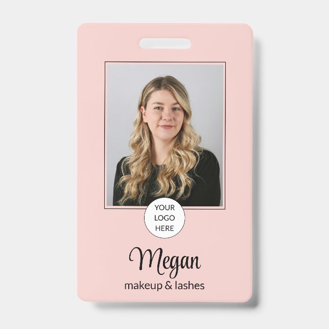 Blush Pink Script Logo Photo Makeup Badge ID Badge (Front)