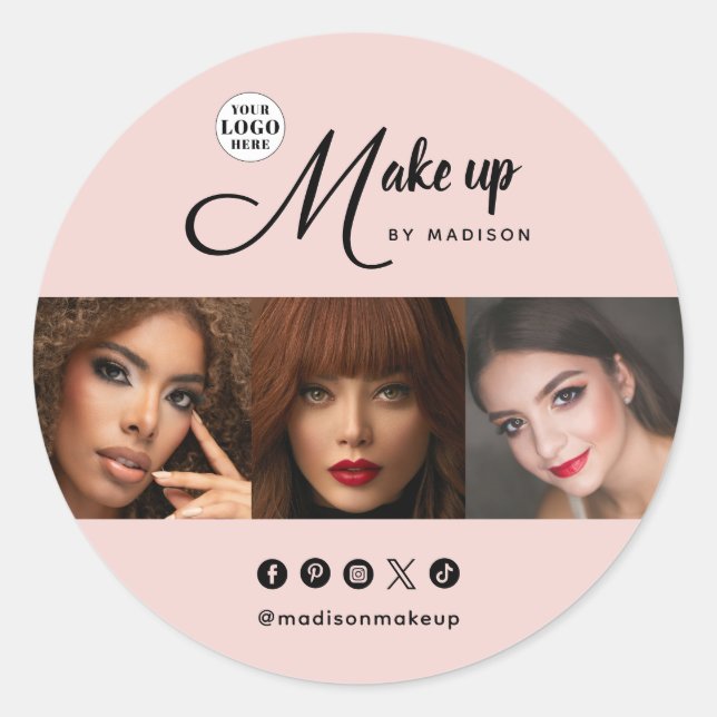 Blush Pink Script Logo Photo Makeup Classic Round Sticker (Front)