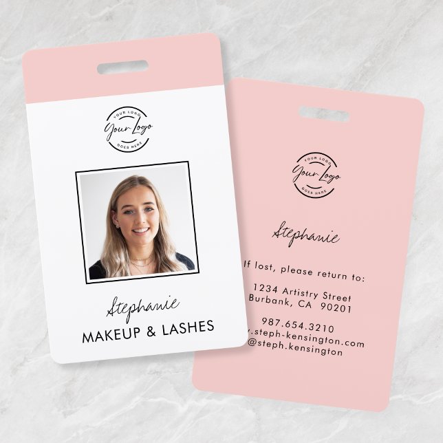 Blush Pink Script Logo Photo Makeup Employee ID ID Badge (Creator Uploaded)