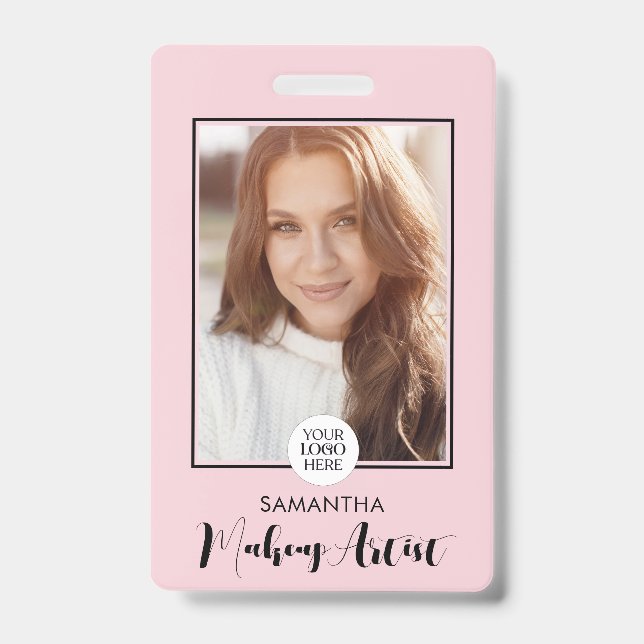 Blush Pink Script Logo Photo Makeup  ID Badge (Front)