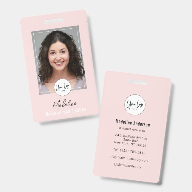 Blush Pink Script Logo Photo Makeup ID Badge (Front & Back)