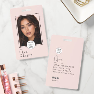 Blush Pink Script Logo Photo Makeup  ID Badge