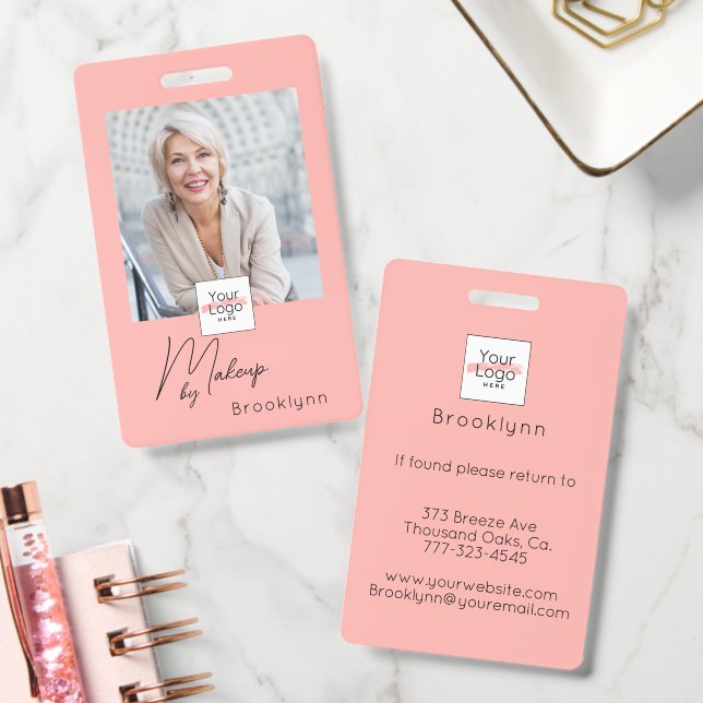 Blush Pink Script Logo Photo Makeup ID Badge (Office)