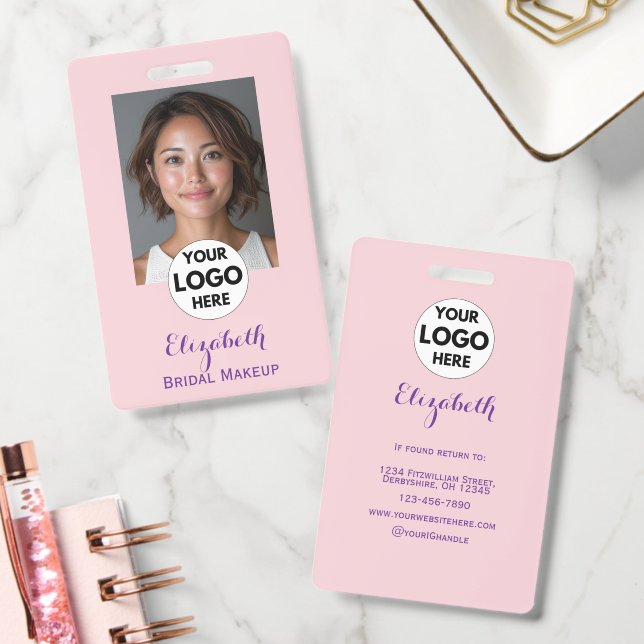 Blush Pink Script Logo Photo Makeup ID Badge (Office)