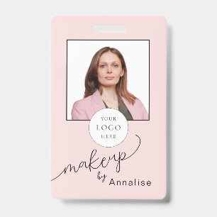 Blush Pink Script Logo Photo Makeup ID Badge