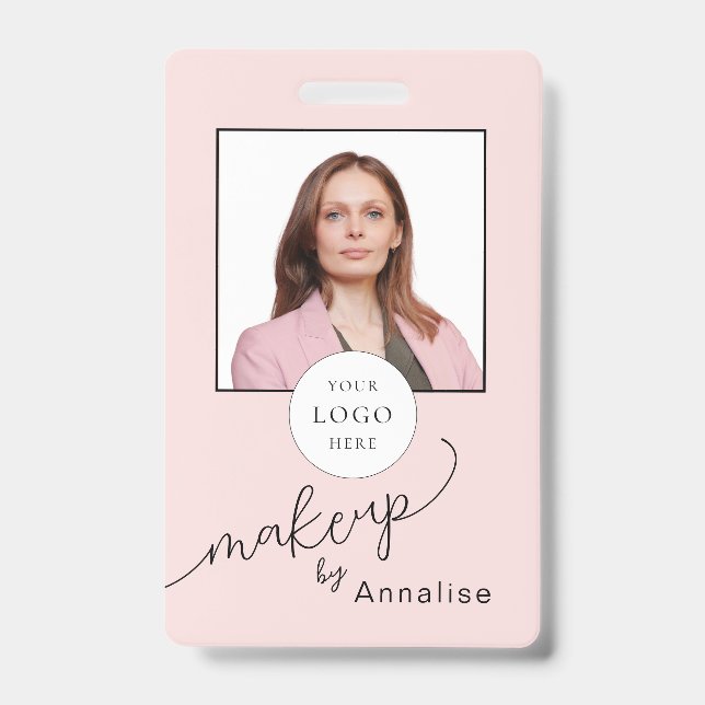 Blush Pink Script Logo Photo Makeup ID Badge (Front)