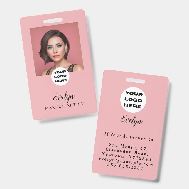 Blush Pink Script Logo Photo Makeup ID Badge (Front & Back)