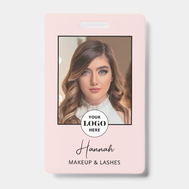 Blush Pink Script Logo Photo Makeup ID Badge (Front)