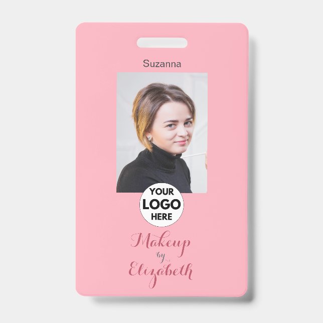 Blush Pink Script Logo Photo Makeup ID Badge (Front)