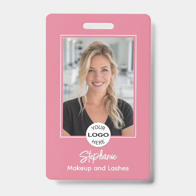 Blush Pink Script Logo Photo Makeup ID Badge (Front)