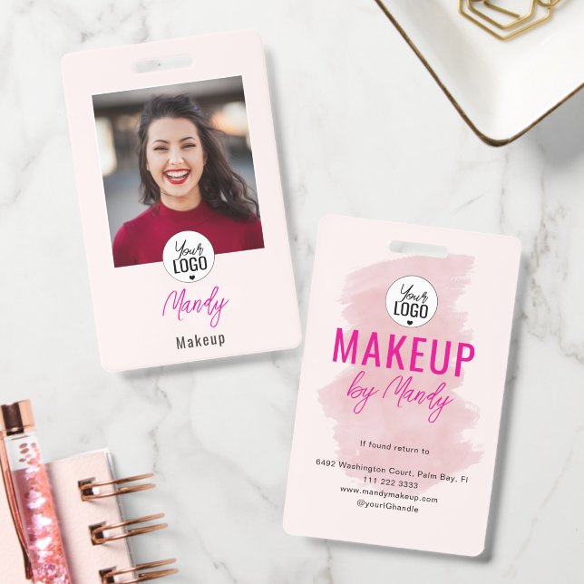 Blush Pink Script Logo Photo Makeup ID Badge (Office)