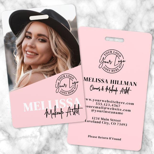 Blush Pink Script Logo Photo Makeup ID Badge (Blush Pink Script Logo Photo Makeup Badge)