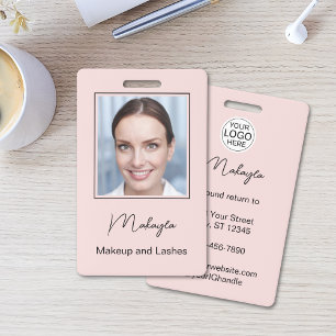 Blush Pink Script Logo Photo Makeup ID Badge