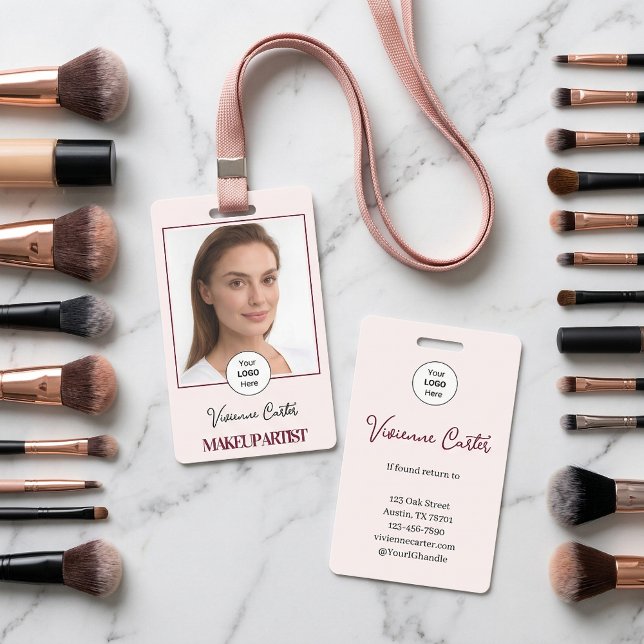 Blush Pink Script Logo Photo Makeup ID Badge (Makeup Artist Lanyard Employee Badge with Photo)