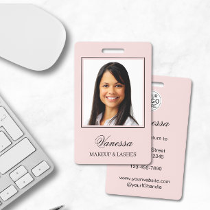 Blush Pink Script Logo Photo Makeup  ID Badge