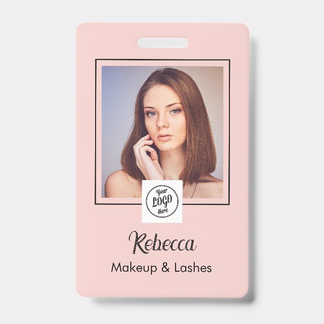 Blush Pink Script Logo Photo Makeup ID Badge (Front)