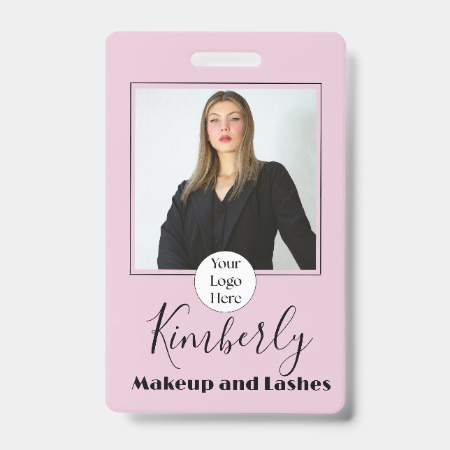 Blush Pink Script Logo Photo Makeup ID Badge (Front)