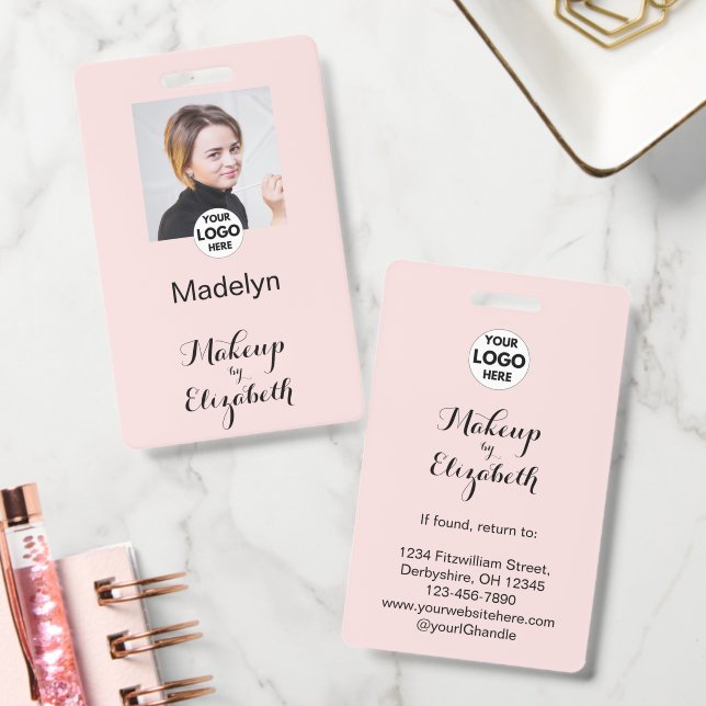 Blush Pink Script Logo Photo Makeup ID Badge (Office)
