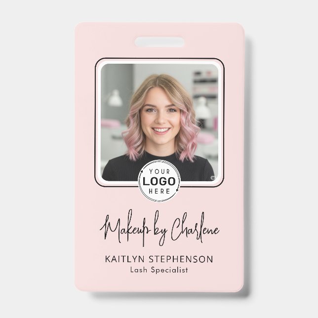 Blush Pink Script Logo Photo Makeup  ID Badge (Front)