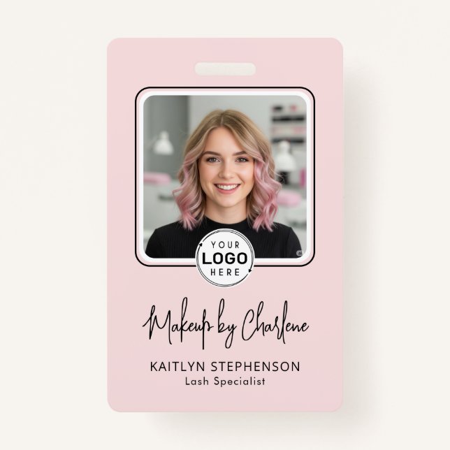 Blush Pink Script Logo Photo Makeup  ID Badge (Front)