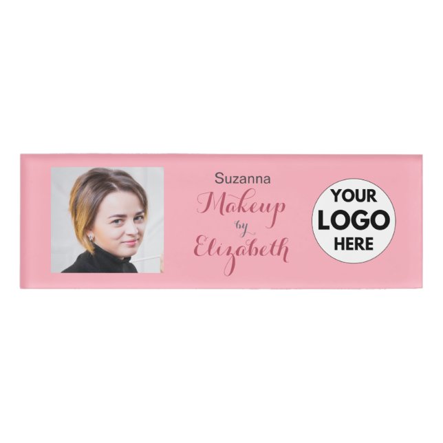 Blush Pink Script Logo Photo Makeup Name Tag (Front)