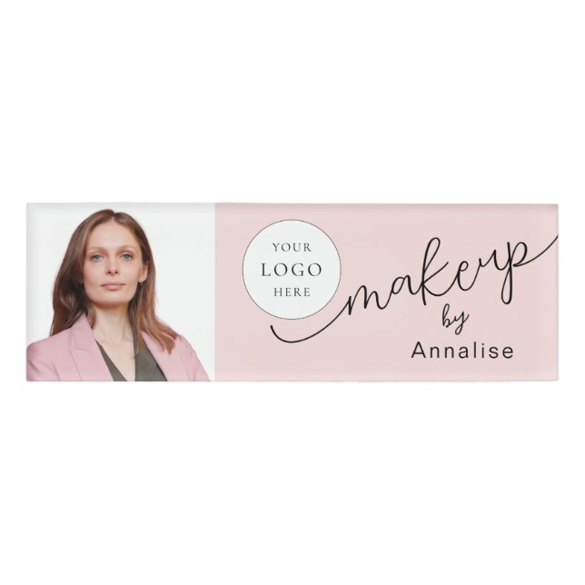 Blush Pink Script Logo Photo Makeup Name Tag (Front)