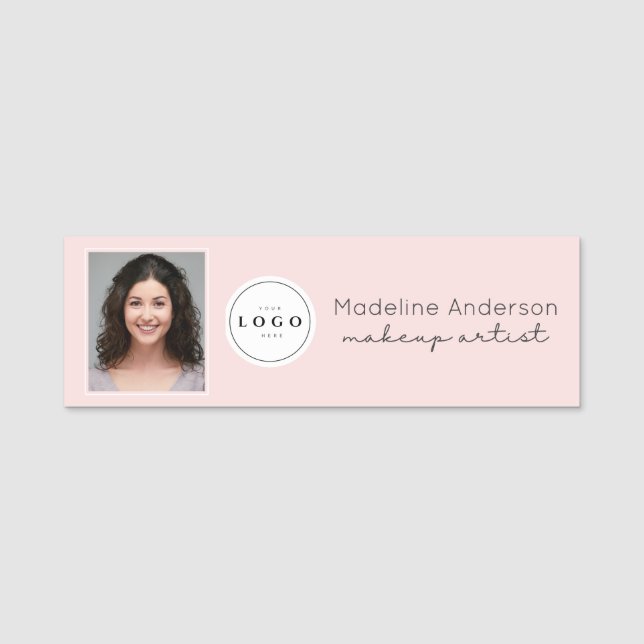 Blush Pink Script Logo Photo Makeup Name Tag (Front)