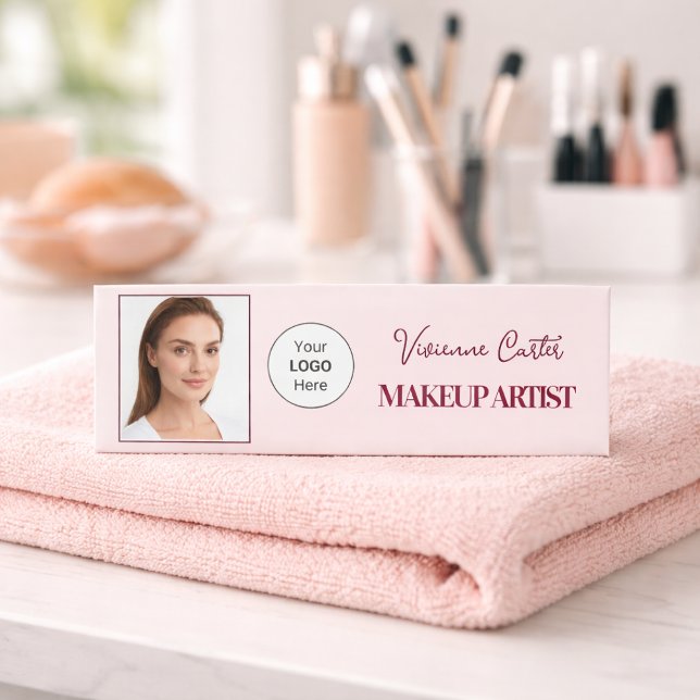Blush Pink Script Logo Photo Makeup Name Tag (Makeup Artist Employee Name Tag with Photo)